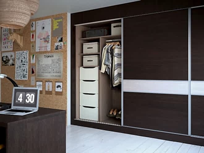 VM0347_HAMMONDS_SLIDING_ROBES_SC07_VIGO_DARK_PINE_LIGHT_PINE_CAMEO_OPEN_DOOR_WEB_8BIT_sRGB-660x495 3 Panel Elegance bedroom design is available at Hush Bedrooms