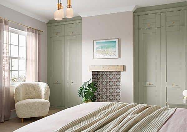 Fitted Milton range wardrobe sage green with gold door handles
