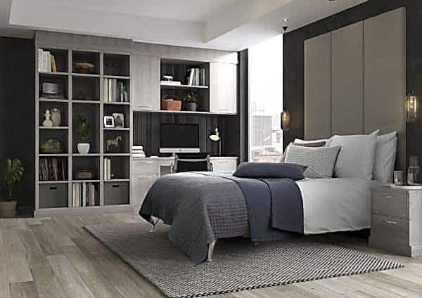 Lindley Nordic grey Bedroom with shelving, fitted desk and bed