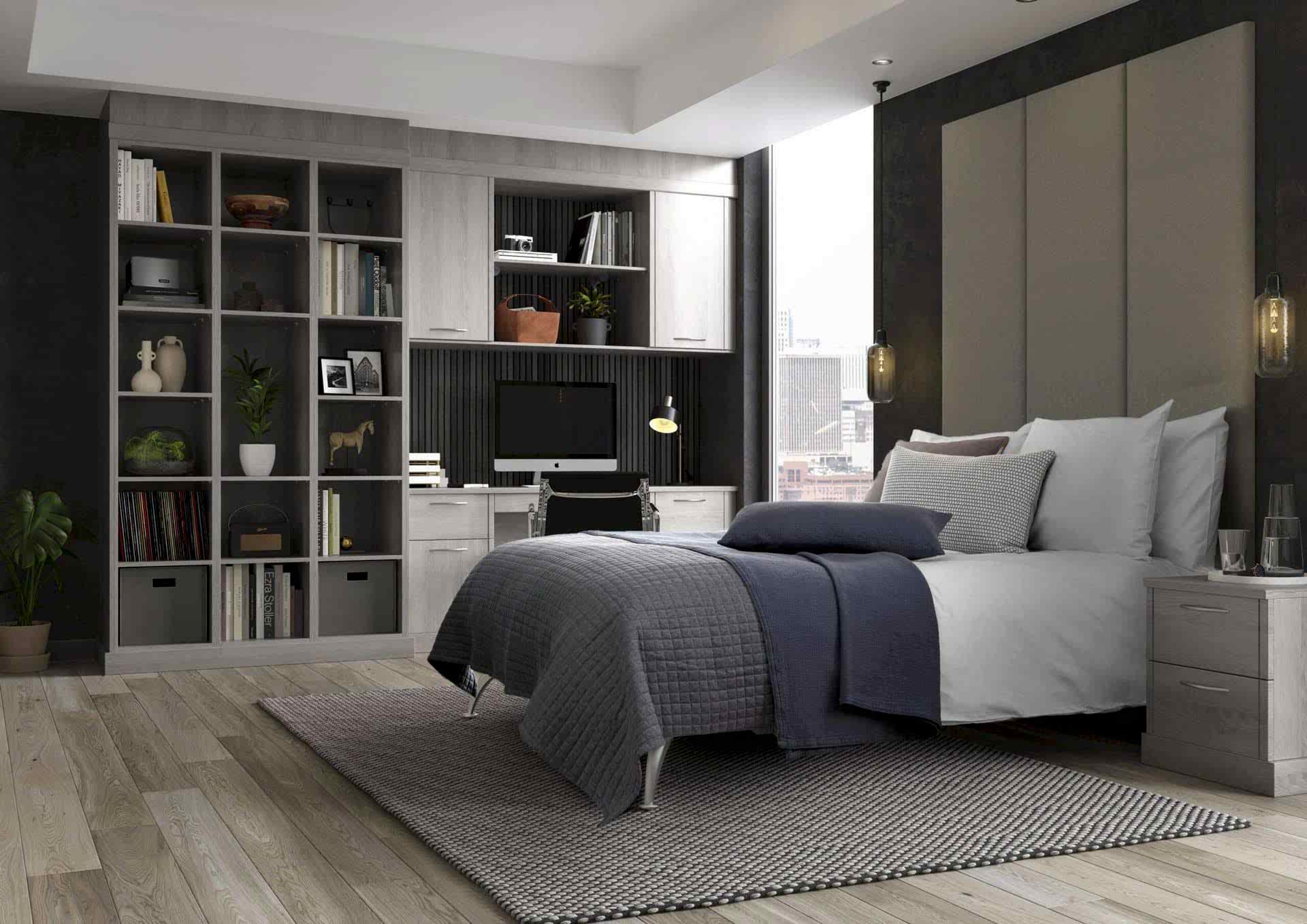 Lindley-Nordic-grey-Bedroom with shleving, fitted desk and bed Lindley Nordic grey Bedroom with shelving, fitted desk and bed