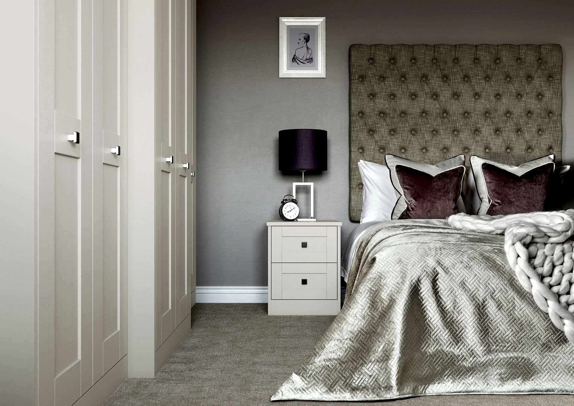 Milton ivory fitted wardrobe details of handlesand bed side table Milton ivory fitted wardrobe details of handles and bed side table