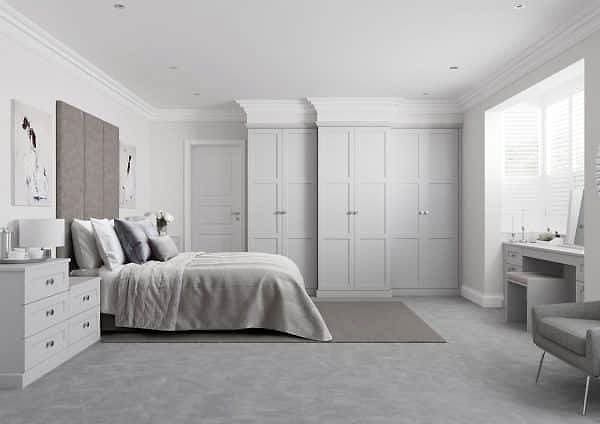 TORINO LIGHT GREY fitted bedroom with matching bedside tables and dresser