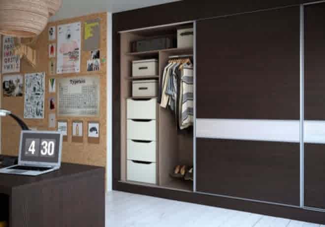 VM0347_HAMMONDS_SLIDING_ROBES_SC07_VIGO_DARK_PINE_LIGHT_PINE_CAMEO_OPEN_DOOR_WEB_8BIT_sRGB-660x495 3 Panel Elegance bedroom design is available at Hush Bedrooms