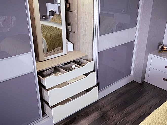 VM0347_HAMMONDS_SLIDING_ROBES_SC02_ELKIN_CASHMERE_METAL_TAUPE_CAMEO_VANITY_ROBE_INSET_DRAWERS_OPEN_WEB_8BIT_sRGB_ADOBE98_-660x495 3 Panel Elegance cashmere - bedroom design is available at Hush Bedrooms